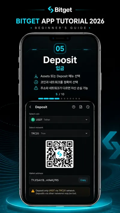 비트겟 5단계 — USDT 입금 시 TRC20 네트워크와 입금 주소, QR 코드가 표시된 화면